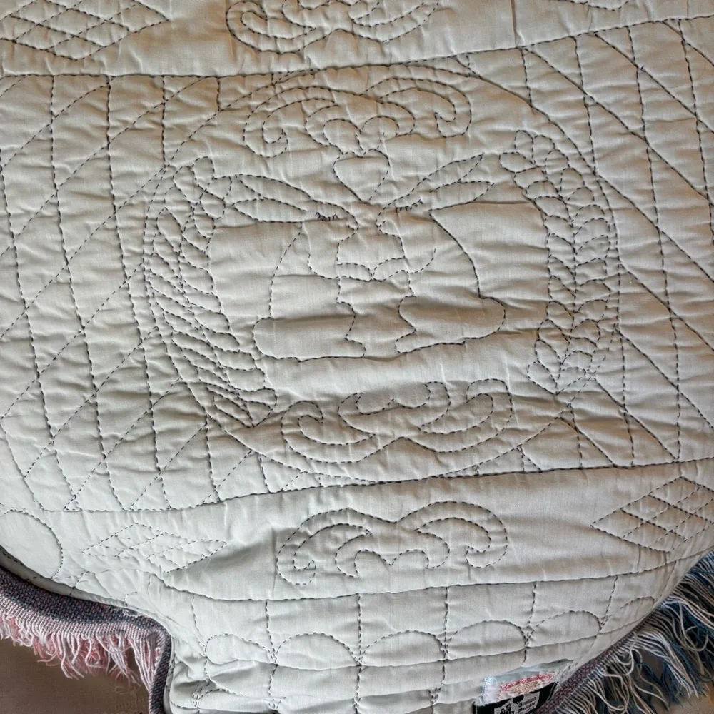 Oversized Vintage Quilt Tapestry Turned into Heart Shaped Cherub Pillow w Fringe